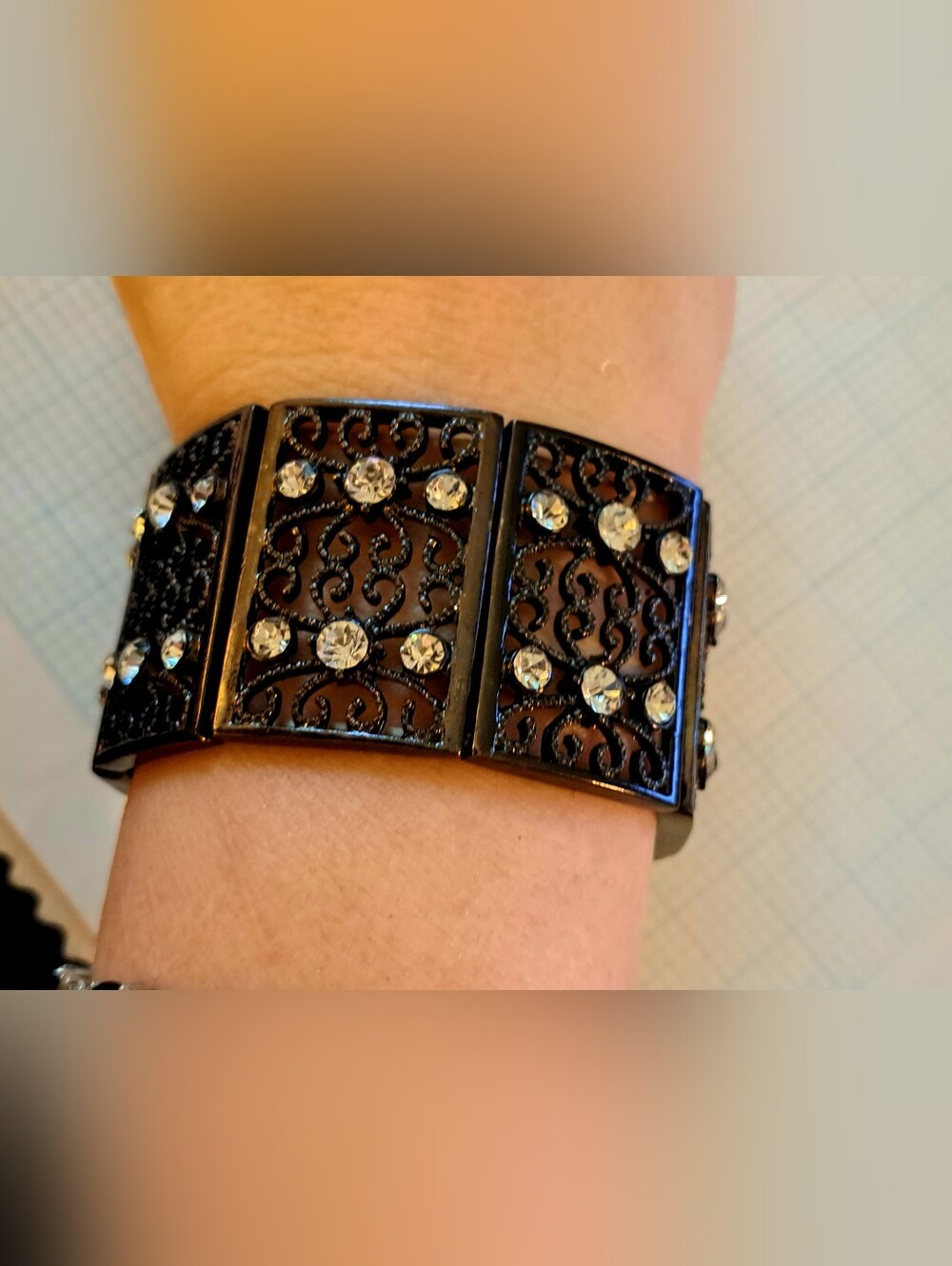 Gunmetak Tone Filigree Crystal Accent Bracelet - Black